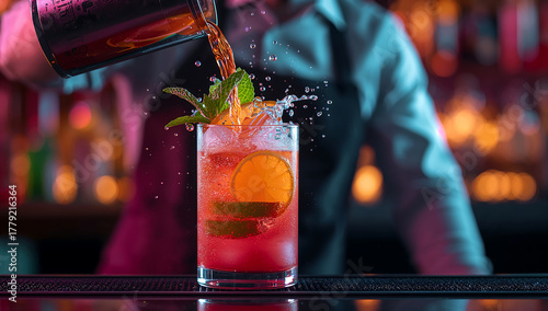 ultra-realistic bartender pouring tropical cocktail with crushed ice splash and neon bar lighting