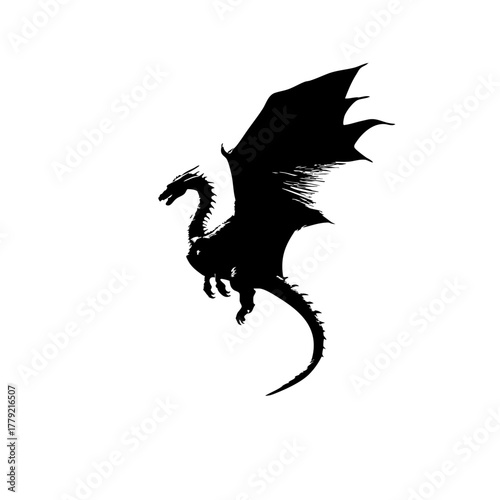 Black Vector Outline of Dragon in Midflight - Simplified Flat Design on White Background
