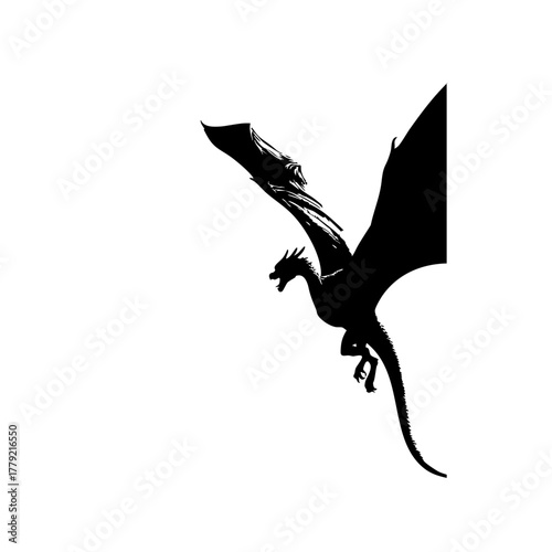 Black Vector Outline of Dragon in Midflight - Simplified Flat Design on White Background