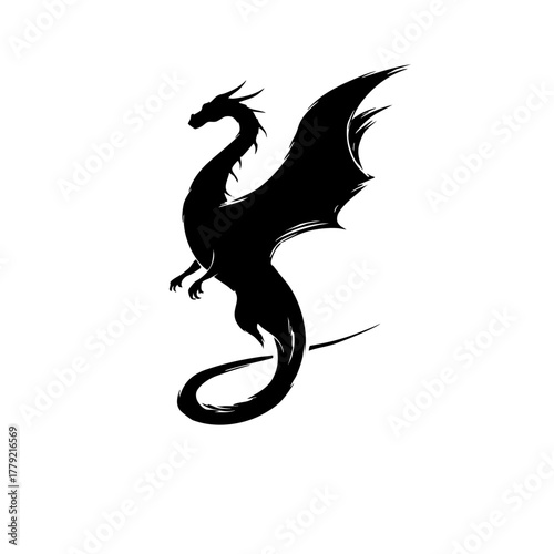 Black Vector Outline of Dragon in Midflight - Simplified Flat Design on White Background