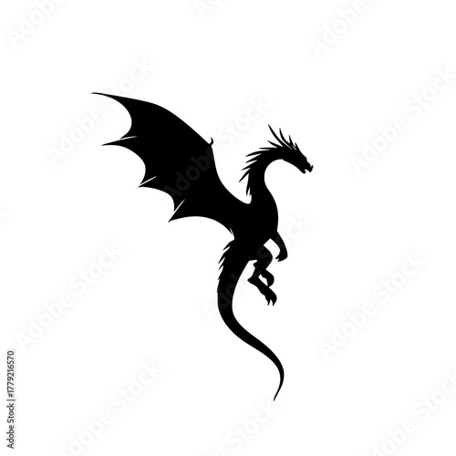 Black Vector Outline of Dragon in Midflight - Simplified Flat Design on White Background