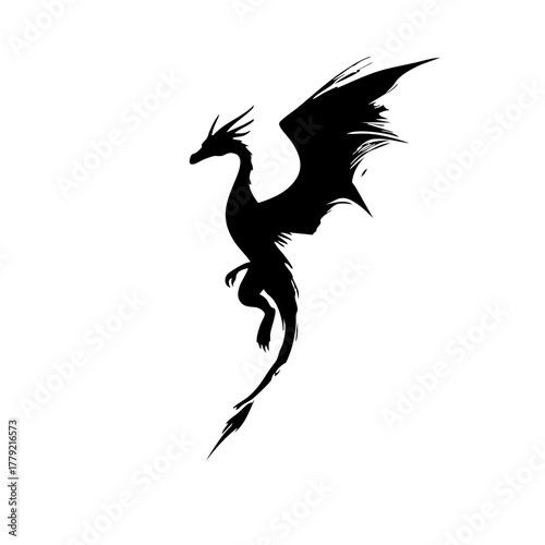 Black Vector Outline of Dragon in Midflight - Simplified Flat Design on White Background