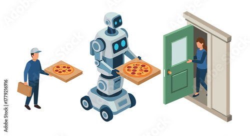 Futuristic pizza delivery with robot and human interaction