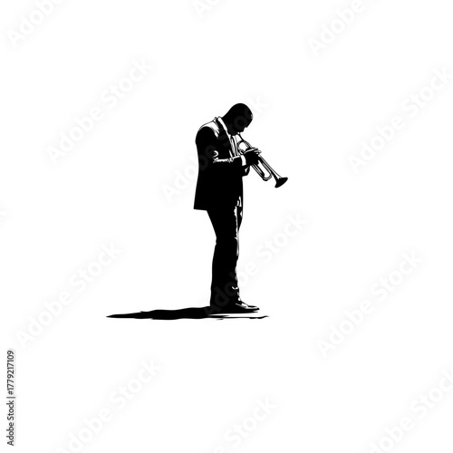 Trumpet Player Silhouette - Solid Black Cutout on White - Clean 2D Vector