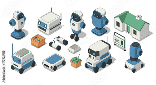 Isometric robot collection with home and technology elements