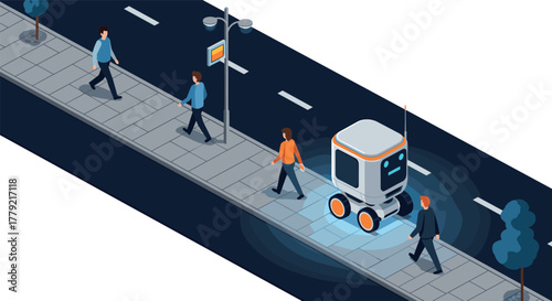 Autonomous delivery robot navigates urban sidewalk in modern isometric cityscape