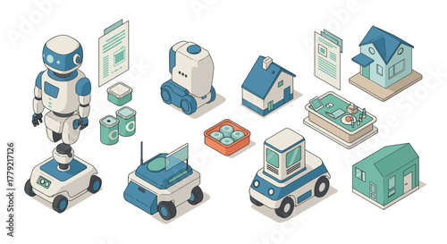 Isometric smart home and robot technology icons in modern flat design style