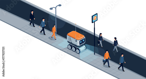 Autonomous delivery robot navigates city sidewalk amidst pedestrians in isometric urban scene