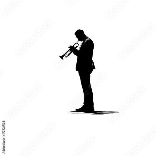 Trumpet Player Silhouette - Solid Black Cutout on White - Clean 2D Vector