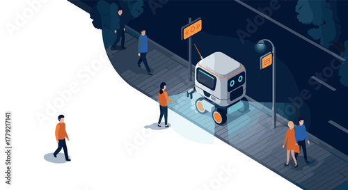 Autonomous delivery robot on urban night street in isometric style