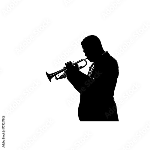 Trumpet Player Silhouette - Solid Black Cutout on White - Clean 2D Vector