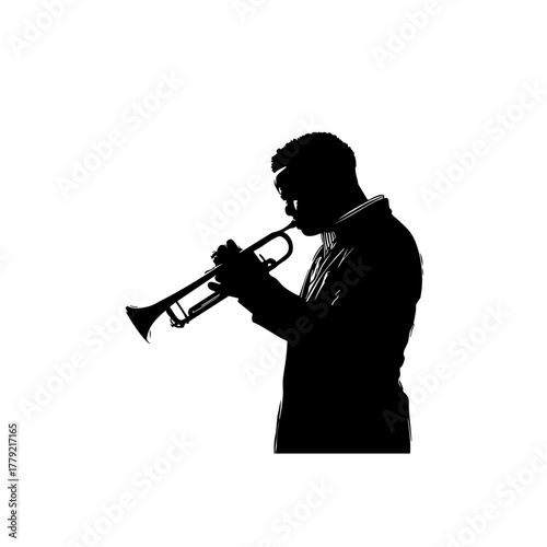 Trumpet Player Silhouette - Solid Black Cutout on White - Clean 2D Vector