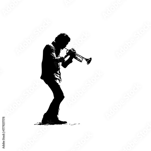 Trumpet Player Silhouette - Solid Black Cutout on White - Clean 2D Vector