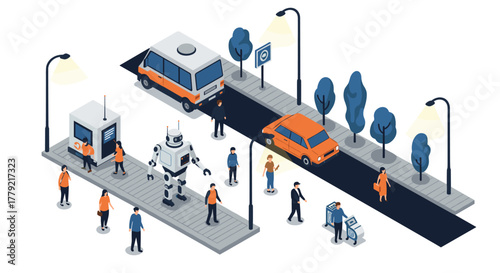 Isometric urban street scene with people, robot, and vehicles in modern cityscape