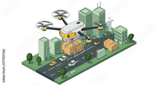 Urban drone delivery in a futuristic isometric cityscape with skyscrapers and vehicles