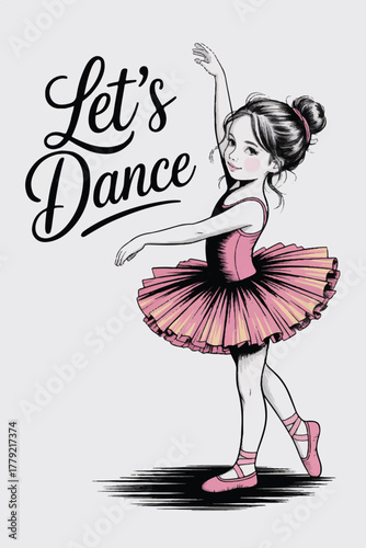 A black and white minimalist illustration of a graceful young ballerina in a pink tutu with yellow undertones, elegant cursive text, and soft brushstroke shadow on a clean white background.