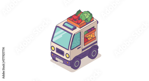 Adorable isometric miniature produce truck with fresh vegetables on display