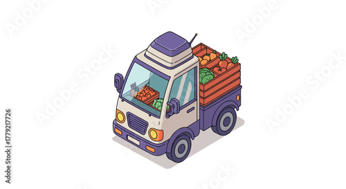 Isometric cartoon truck with fresh vegetables on white background