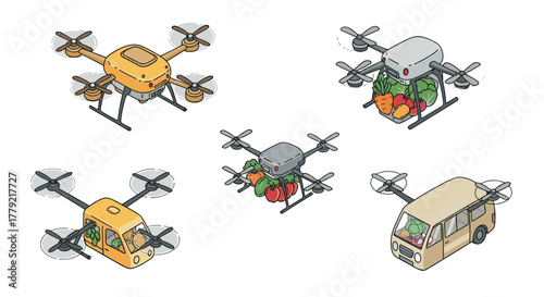 Autonomous delivery drones and van transporting fresh produce in modern city
