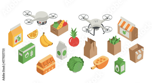 Isometric grocery delivery by drone with ecofriendly packaging