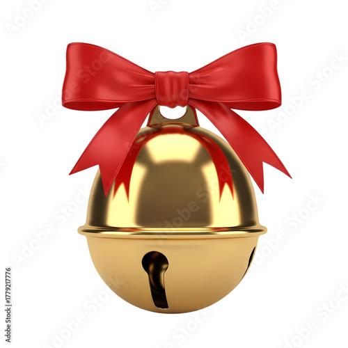 Golden sleigh bell with red ribbon bow, festive holiday decoration