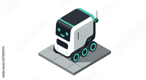 Robotics delivery adorable autonomous robot on pavement in isometric style