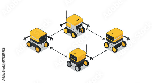 Autonomous delivery robots in isometric style coordinating movement in warehouse setting