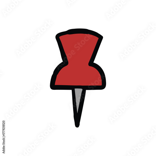 Simple red push pin with black outline on a white background for maps or boards