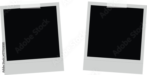 Realistic empty photo card frame, film set. Retro vintage photograph with transparent adhesive tape and paper clip. Digital snapshot image. Template or mockup for design. Vector illustration.