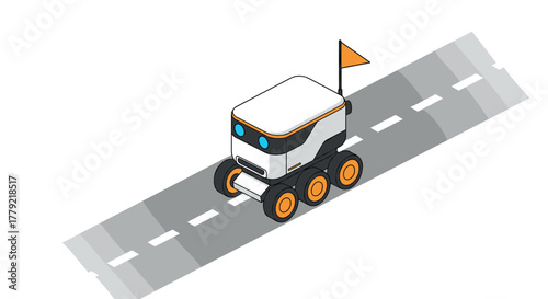 Autonomous delivery robot on road in isometric style with flag