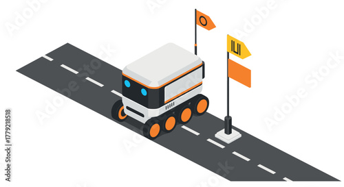 Autonomous delivery robot navigating urban street with directional signs in isometric style
