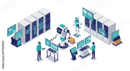 Futuristic isometric technology lab with robots and engineers analyzing data
