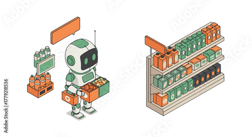 Isometric robot shopping in futuristic grocery store