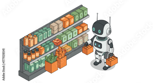 Isometric robot shopping at grocery store futuristic technology and automation