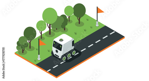 Autonomous delivery robot on road near park with trees in isometric style