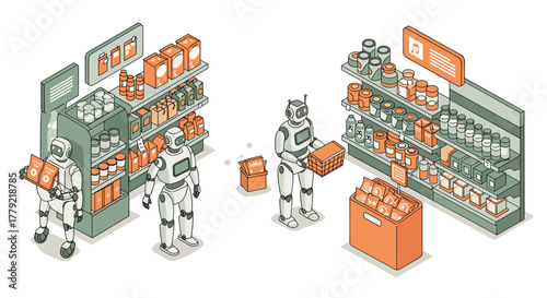 Futuristic robots shopping in a modern grocery store environment