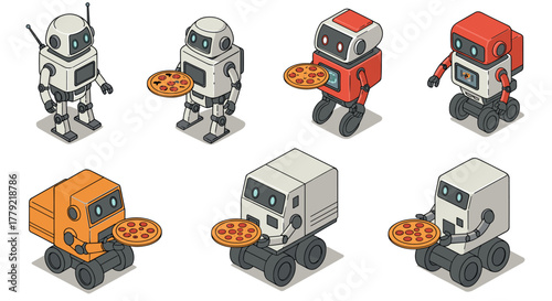 Cute isometric robots serving pizza in various designs