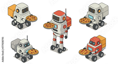 Charming robots delivering pizza in isometric style