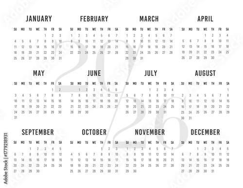 Minimalist English 2026 year calendar template single horizontal page with 12 month week start on Sunday