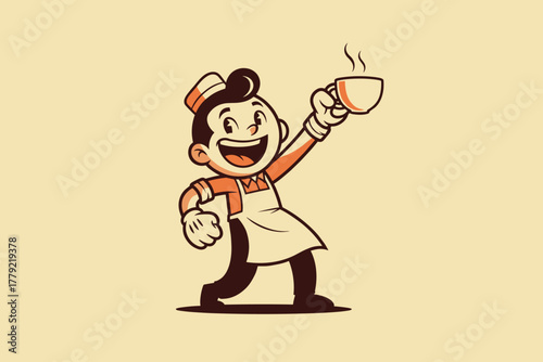 Happy Retro Barista Character Holding Up a Steaming Cup of Coffe