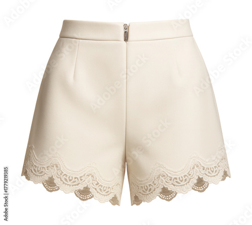 Lace-trimmed shorts featuring a scalloped hem and back zipper.