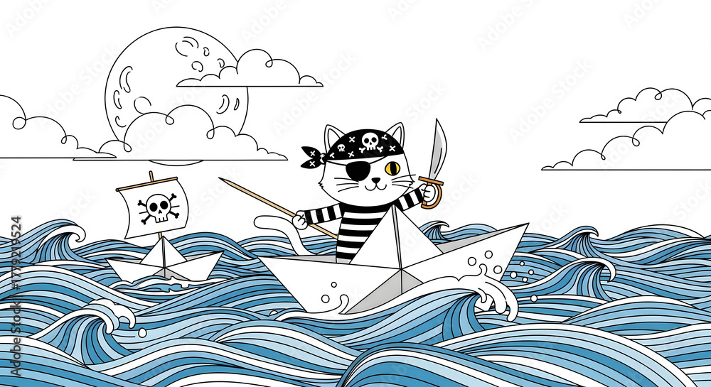 Fototapeta premium Whiskers on the High Seas A Playful Pirate Cat Sailing the Waves