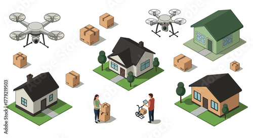 Isometric delivery and drone logistics with suburban homes and packages