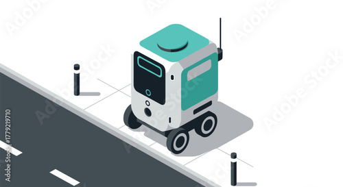Autonomous delivery robot on urban sidewalk with modern isometric design