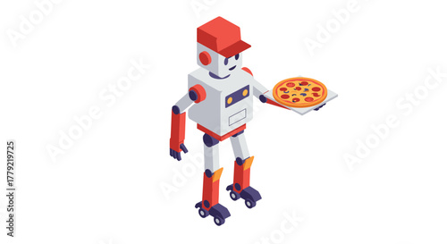 Playful isometric robot delivering pizza on roller skates