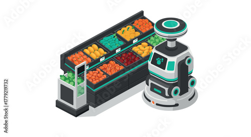 Futuristic robot assisting in grocery store with fruit and vegetable display