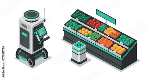 Isometric grocery robot and produce aisle for modern supermarkets