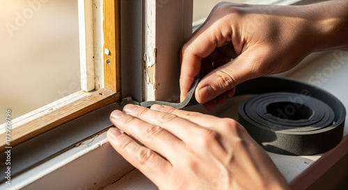 Man installing weatherstripping on an old wooden window for insulation. Home improvement and energy saving concept, draught proofing DIY.
