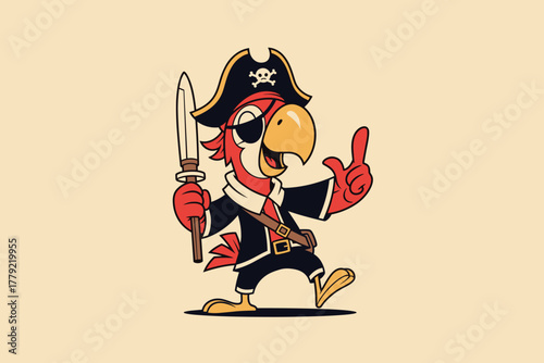 Cartoon Pirate Parrot with Eyepatch and Sword.