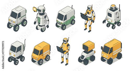 Futuristic robots and delivery vehicles in isometric style